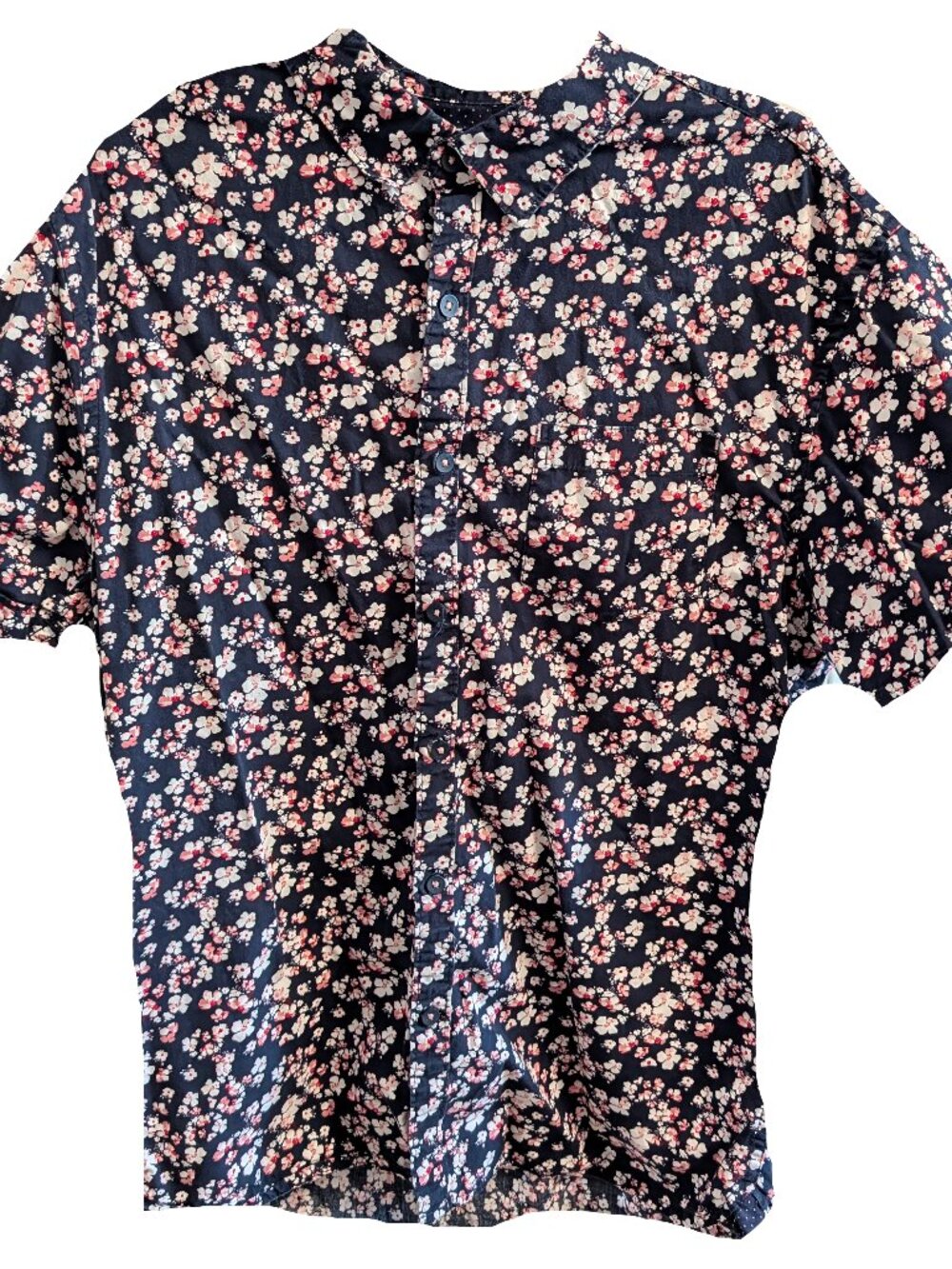 Mens floral short sleeve button down Large white/blue
